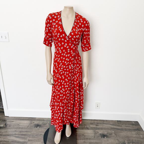 [Ganni] Silvery Crepe V-Neck Floral Print Wrap Red Apple Maxi Dress Size Large L - Picture 2 of 14